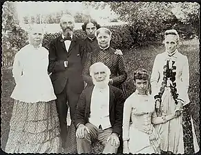 Stone-Blackwell familia (Alice Stone Blackwell-en familia Spoffordekin. Ezkerrekoa, Elizabeth Blackwell, Henry Spofford (Kongresuko liburuzaina), Alice Stone Blackwell, Lucy Stone, Henry Blackwell, Miss eta Mrs.  Spofford)