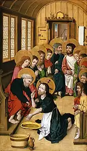 Kriston apostoluen oinak garbitzen Meister des Hausbuches, 1475; Judas da halorik ez duen bakarra.