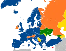 A map of Europe with countries in six different colors based on their affiliation with NATO.