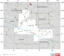 Diagram showing star positions and boundaries of the Pisces constellation and its surroundings