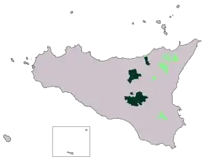 Basilicata eta Sizialiako galo-italikoa; uharteko mapan berde ilunez egoera indartsuenean.