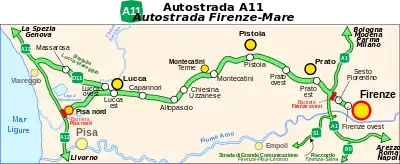 A11 Italiako mapan eta hurbilagoko detailean.