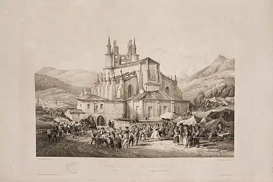 Genaro Pérez Villaamil eta Alphonse Bicheboisen "Aurreskua Begoñan" margolana (1850). 1836ko setioan Begoñako basilikako kanpandorreak jasandako kalteak ikus daitezke.