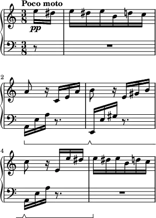 \new PianoStaff<<\time3/8\new Staff="up"{\tempo"Poco moto"4=70\set Score.tempoHideNote=##t\partial 8e''16\pp dis''e''dis''e''b'd''c''a'8r16c'e'a'b'8r16e'gis'b'c''8r16e'e''dis''e''dis''e''b'd''c''}\new Staff="down"{\clef bass\set Staff.pedalSustainStyle=#'bracket \partial 8r8R8*3a,16\sustainOn e a r8.e,16\sustainOff\sustainOn e gis r8.a,16\sustainOff\sustainOn e a r8.R8*3\sustainOff}>>%