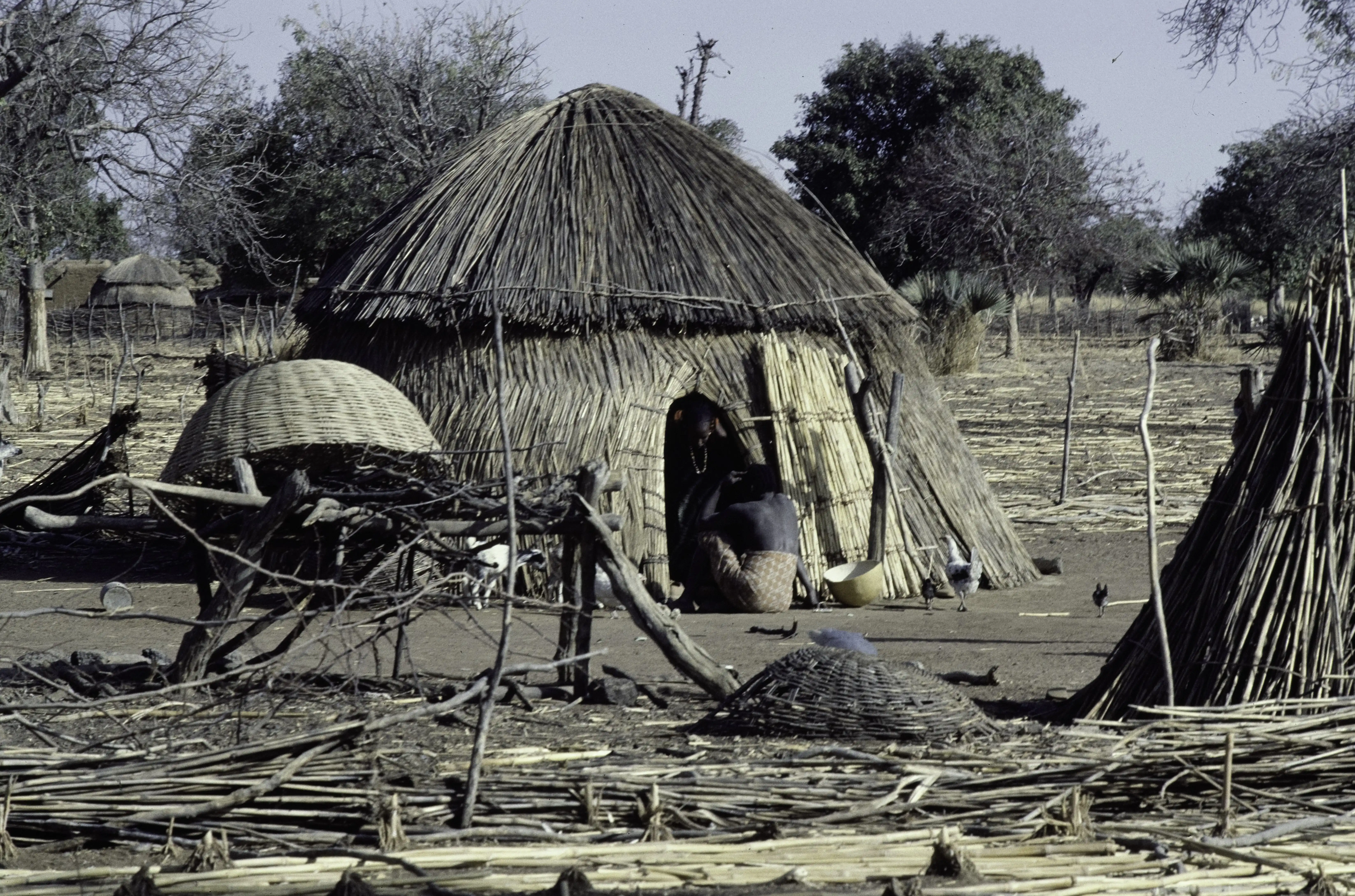 ASC_Leiden_-_F._van_der_Kraaij_Collection_-_12_-_074_-_Une_femme_debout_et_une_autre_assise_dans_l'ouverture_d'une_hutte_-_Boucle_du_Mouhoun,_Burkina_Faso,_1984