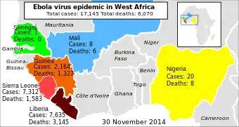Taudin levinneisyys Länsi-Afrikassa 30. marraskuuta 2014.