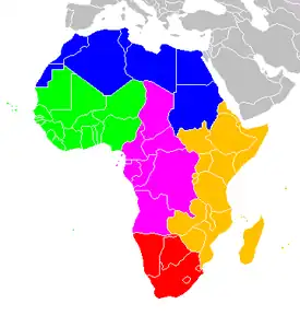 Afrikan alueet:  Länsi-Afrikka  Pohjois-Afrikka  Keski-Afrikka  Itä-Afrikka  Eteläinen Afrikka