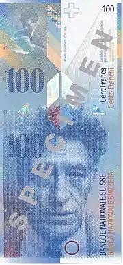 100 Sfr, kuvassa taidemaalari Alberto Giacometti