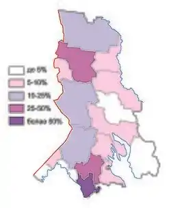 Karjalaisten osuus väestöstä Karjalan tasavallan piireissä.