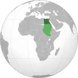 Egyptin sulttaanikunta tummanvihreällä, Anglo-egyptiläinen Sudan vihreällä, Italian Libyalle vuonna 1934 luovutettu alue vaaleanvihreällä.