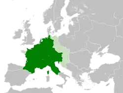 Karolingien keisarikunta suurimmillaan vuonna 814: tummanvihreällä frankkien valtakunnat, vaaleanvihreällä vasallivaltiot.