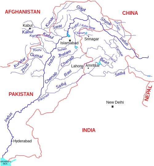 Chenabin sijainti Indusin sivujokien verkostossa