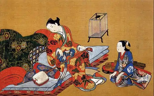 Kaigetsudo Ando: Bijin ja hänen avustajansa, 1670, 34 × 54 cm, Tussi ja väri silkille.