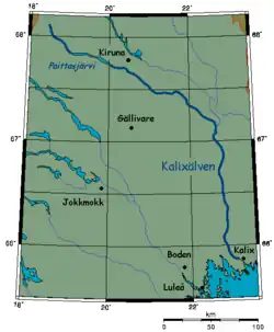 Kalixjoen valuma-alueen pääuoma on itse Kalixjokea pitempi. Pääuoma alkaa järvien yläpuolelta, kun Kalixjoki alkaa vasta järvien jälkeen.