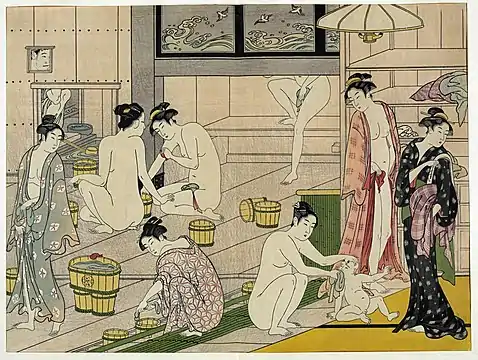 Torii Kiyonaga: Naiset kylpylässä, 1780, osa diptyykkiä. Kongressin kirjasto, Washington (DC).