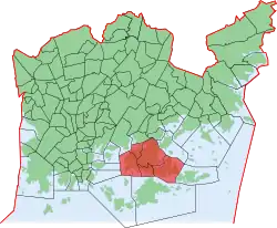 Kaupungin kartta, jossa Laajasalo korostettuna. Helsingin kaupunginosat