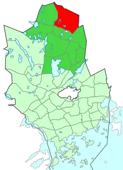 Kaupungin kartta, jossa Lahnus korostettuna. Espoon kaupunginosat