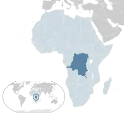 Kongon demokraattisen tasavallan sijainti Afrikassa (merkitty vaaleansinisellä ja tummanharmaalla) ja Afrikan unionissa (merkitty vaaleansinisellä).