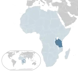 Tansanian sijainti Afrikassa (merkitty vaaleansinisellä ja tummanharmaalla) ja Afrikan unionissa (merkitty vaaleansinisellä).