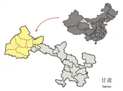 Jiuquanin sijainti (keltaisella) Gansun maakunnassa.