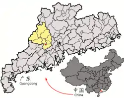 Zhaoqingin sijainti Guangdongissa, alla sijainti Kiinassa.