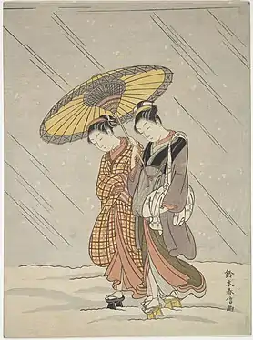 Suzuki Harunobu: Kaksi naista myrskyssä, 1764–72, 26.4 × 20.6 cm. Metropolitan Museum of Art, New York.