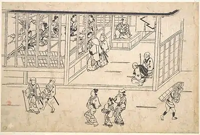 ”Katunäkymä Yoshiwarasta”, n. 1680, arkki painetusta kirjasta, 25.7 x 38.6 cm, Metropolitan Museum of Art, New York.