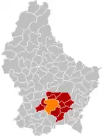 Luxemburgin kunnan sijainti (oranssi) Luxemburgissa ja Luxemburgin kantonissa (punainen).