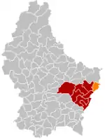 Mertertin kunnan sijainti (oranssi) Luxemburgissa ja Grevenmacherin kantonissa (punainen).