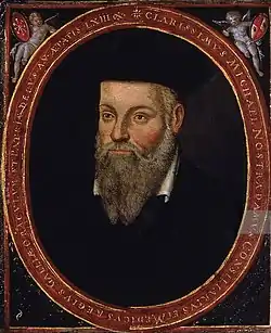 Nostradamus poikansa César de Nostredamen maalauksessa noin vuodelta 1614.