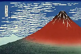 Hokusai, Etelätuuli, kirkas taivas tai Punainen-Fuji, puupiirros, n. 1830.