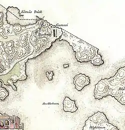 Sörnäisten järvi (Sörnäs träsk, vasen yläkulma) kartalla vuonna 1818. Kartalle merkitty Stockholmen tunnettiin myöhemmin nimellä Nihti (Knekten). Högholmen on Korkeasaari.