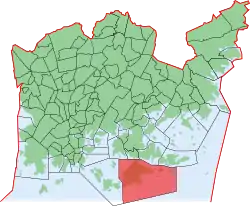 Kaupungin kartta, jossa Santahamina korostettuna. Helsingin kaupunginosat