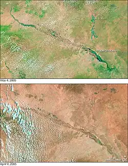 Satelliittikuvista näkyy Shabellen laakso Etiopia ja Etelä-Somaliassa ennen (alla) vuoden 2005 tulvia ja niiden aikana (yllä).