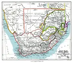 Vuoden 1885 kartta eteläisestä Afrikasta, jossa näytetään Betšuanamaan protektoraatti ennen Brittiläisen Betšuanamaan kruununsiirtomaan perustamista.