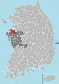 Dangjinin sijainti Etelä-Chungcheongin provinssissa