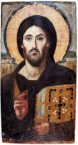 Kristus Pantokrator 500-luvulta. Ikoneissa korostuu geometrinen somittelutraditio.