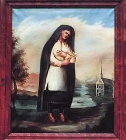 Kateri Tekakwitha isä Chauchetièren maalauksessa. Maalattu vuosien 1682–1693 välillä.