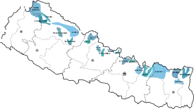 Tiibetin ja sen murteiden levinneisyys Nepalissa.