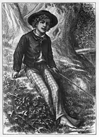 Tom Sawyer onkimassa teoksen ensipainoksen kansikuvassa 1876