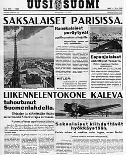 Uuden Suomen etusivu 15. kesäkuuta 1940. Pääuutisena saksalaisten toteuttama Pariisin valtaus ja Neuvostoliiton välirauhan aikana alasampuma suomalainen matkustajalentokone Kaleva.