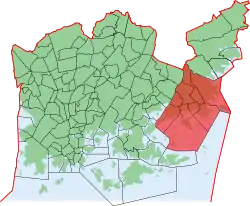 Kaupungin kartta, jossa Vuosaari korostettuna. Helsingin kaupunginosat