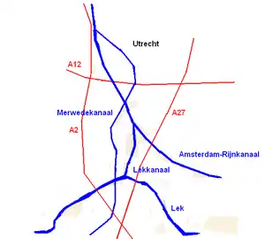 Lokaasje fan it Lekkanaal yn de omkriten fan Utert