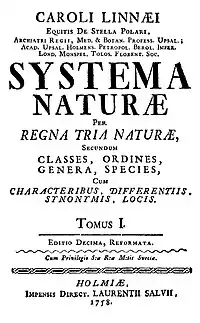 De omslach fan 'e 10e edysje fan Linnaeus syn Systema Naturæ út 1758.