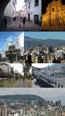 Fan boppe lofts nei rjochts: Basílica del Voto Nacional, Tsjerke en kleaster fan St. Fransikus; Kuluereelsintrum Itchimbia, Urban Plaza Tower, Paleis fan Carondelet; El Panecillo, stânbyld Faam fan Quito, Nasjonaal teater Sucre, CFN Toer; en de skyline fan Noard-Quito.