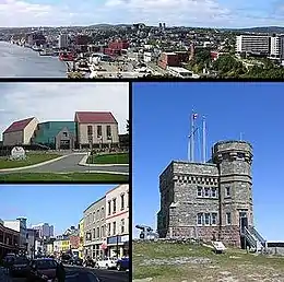 Boppe - Stedssilûet St. John's, Links midden- The Rooms, Links ûnder - Water Street, Rjochts - Cabot Tower