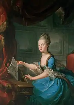 d Marie Antoinette am Clavichord, churz vor ihre Hochzyt, em Franz Xaver Wagenschön zuegschribe