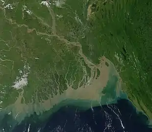 Imaj satelit Dèlta Gange fòme bouchi Gange ak Brahmapoutre (End ak Bangladèch).