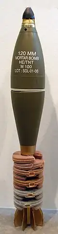 120mm HE mortar shell fitted with proximity fuze