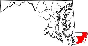 Map of Maryland highlighting Worcester County